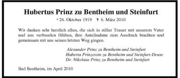 Anzeige von Hubertus Prinz zu Bentheim und Steinfurt von Westfälische Nachrichten