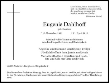 Anzeige von Eugenie Dahlhoff von Westfälische Nachrichten