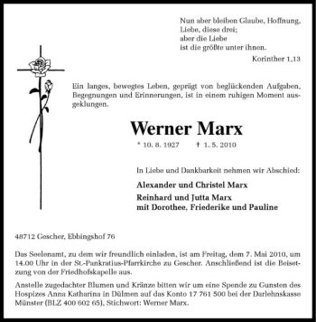 Anzeige von Werner Marx von Westfälische Nachrichten