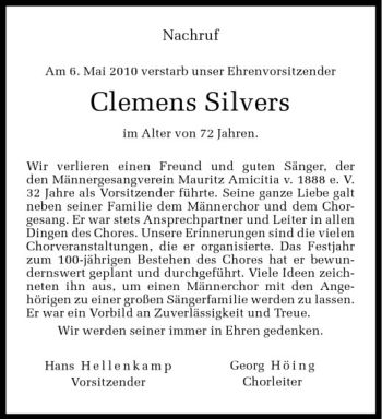 Anzeige von Clemens Silvers von Westfälische Nachrichten