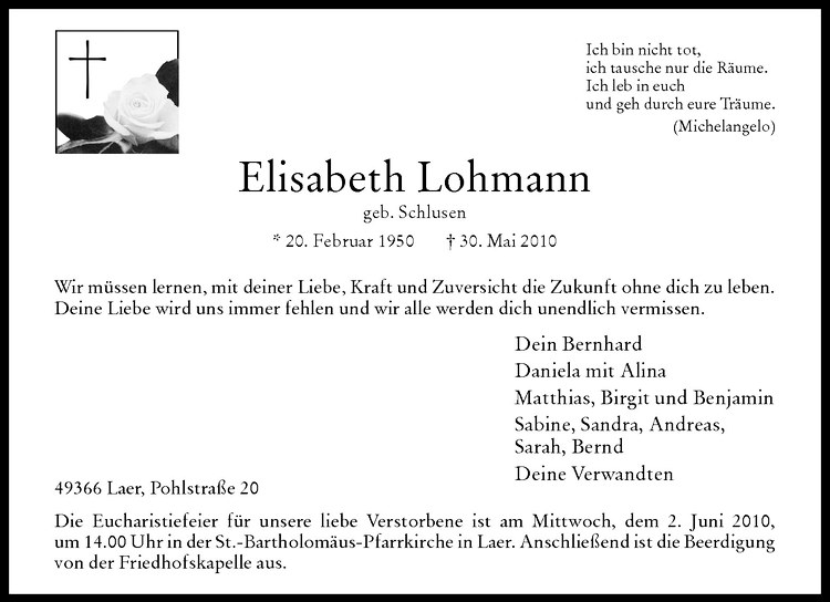  Traueranzeige für Elisabeth Lohmann vom 01.06.2010 aus Westfälische Nachrichten