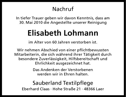  Traueranzeige für Elisabeth Lohmann vom 05.06.2010 aus Westfälische Nachrichten