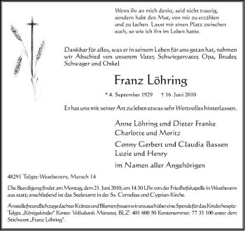 Anzeige von Franz Löhring von Westfälische Nachrichten