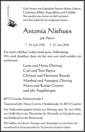 Anzeige von Antonia Niehues von Westfälische Nachrichten