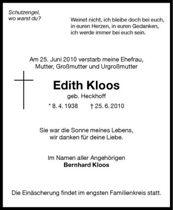 Anzeige von Edith Kloos von Westfälische Nachrichten