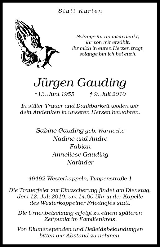 Traueranzeigen von Jürgen Gauding | www.trauer.ms