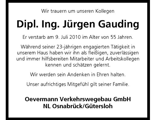 Traueranzeigen von Jürgen Gauding | www.trauer.ms