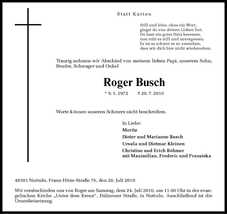  Traueranzeige für Roger Busch vom 22.07.2010 aus Westfälische Nachrichten