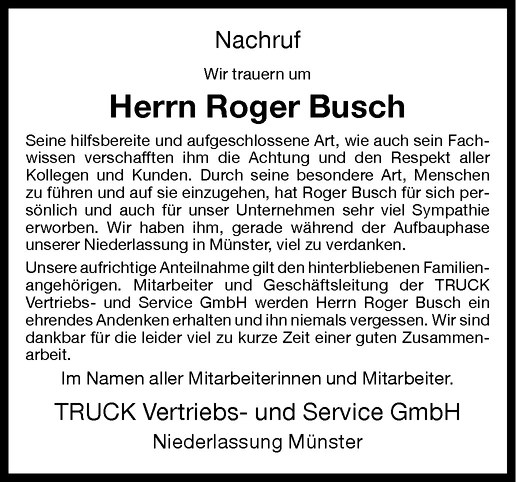  Traueranzeige für Roger Busch vom 22.07.2010 aus Westfälische Nachrichten