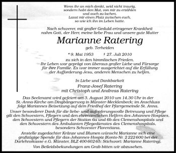 Anzeige von Marianne Ratering von Westfälische Nachrichten