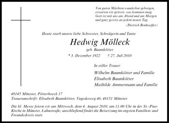 Anzeige von Hedwig Mölleck von Westfälische Nachrichten