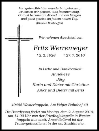 Anzeige von Fritz Werremeyer von Westfälische Nachrichten
