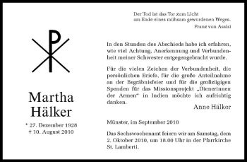 Anzeige von Martha Hälker von Westfälische Nachrichten