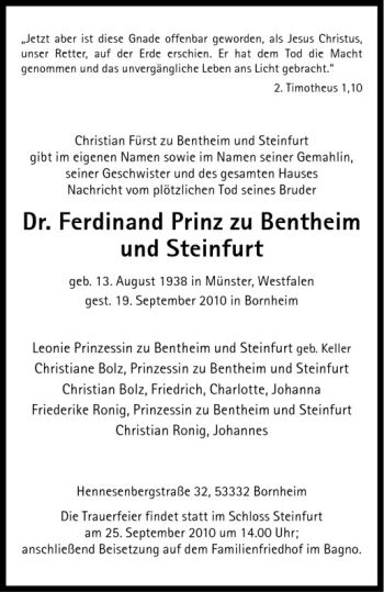 Anzeige von Ferdinand Prinz zu Bentheim und Steinfurt von Westfälische Nachrichten