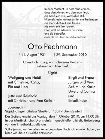 Anzeige von Otto Pechmann von Westfälische Nachrichten