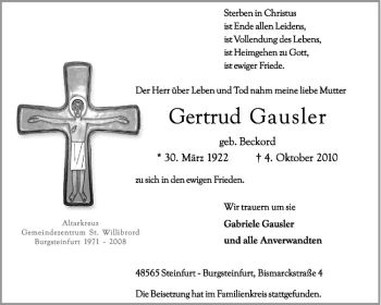 Anzeige von Gertrud Gausler von Westfälische Nachrichten