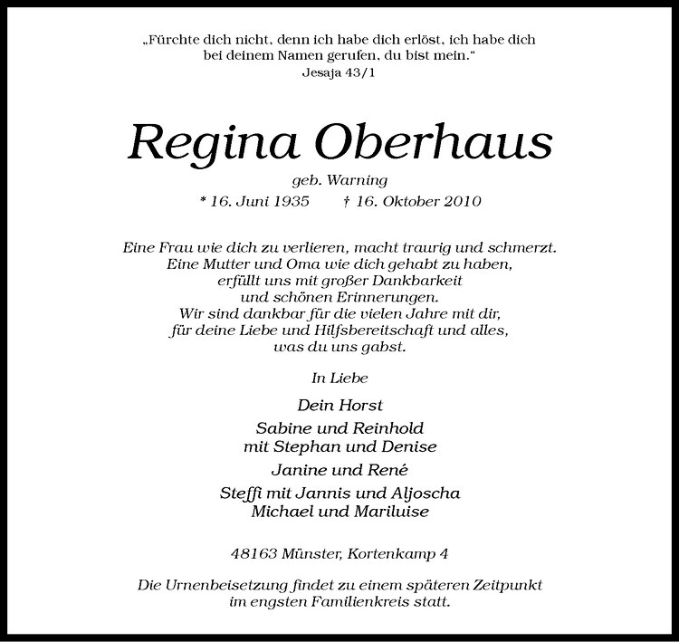  Traueranzeige für Regina Oberhaus vom 20.10.2010 aus Westfälische Nachrichten