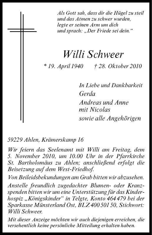  Traueranzeige für Willi Schweer vom 01.11.2010 aus Westfälische Nachrichten