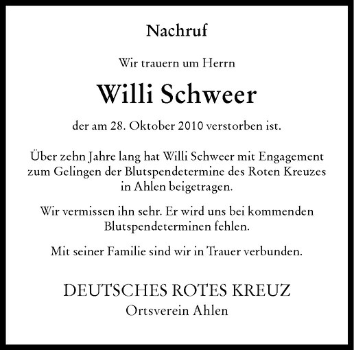  Traueranzeige für Willi Schweer vom 06.11.2010 aus Westfälische Nachrichten