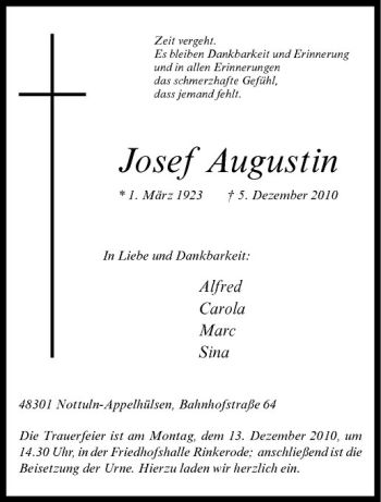 Anzeige von Josef Augustin von Westfälische Nachrichten