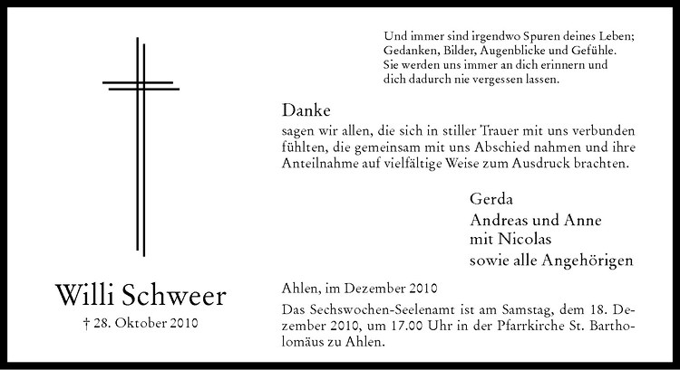  Traueranzeige für Willi Schweer vom 11.12.2010 aus Westfälische Nachrichten