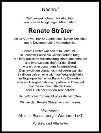 Anzeige von Renate Sträter von Westfälische Nachrichten