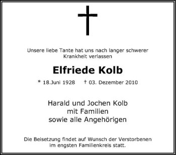 Anzeige von Elfriede Kolb von Westfälische Nachrichten