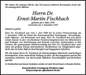 Anzeige von Ernst-Martin Fischbach von Westfälische Nachrichten