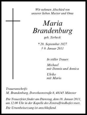 Anzeige von Maria Brandenburg von Westfälische Nachrichten