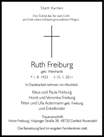 Anzeige von Ruth Freiburg von Westfälische Nachrichten