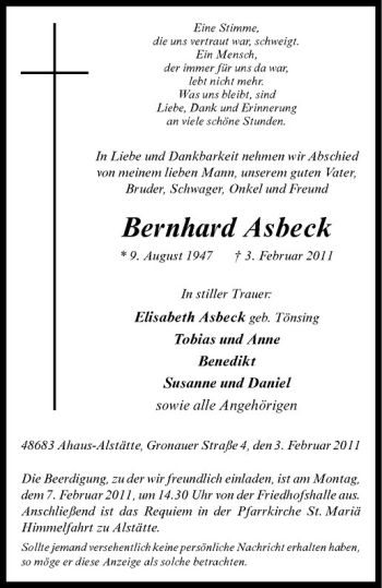 Anzeige von Bernhard Asbeck von Westfälische Nachrichten