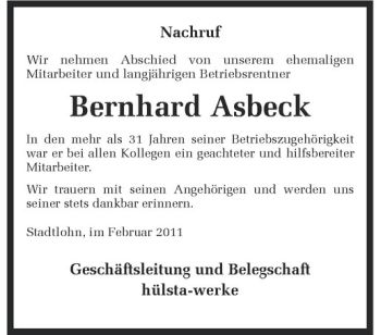 Anzeige von Bernhard Asbeck von Westfälische Nachrichten