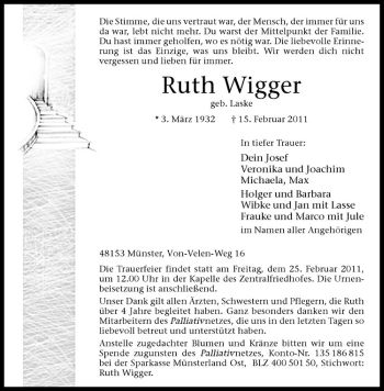 Anzeige von Ruth Wigger von Westfälische Nachrichten