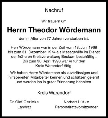 Anzeige von Theodor Wördemann von Westfälische Nachrichten