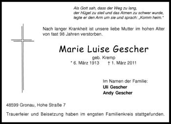 Anzeige von Marie Luise Gescher von Westfälische Nachrichten