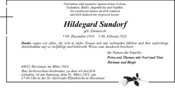 Anzeige von Hildegard Sundorf von Westfälische Nachrichten