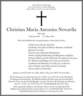 Anzeige von Christian Maria Antonius Newzella von Westfälische Nachrichten