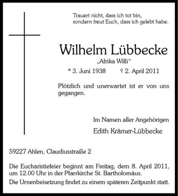 Anzeige von Wilhelm Lübbecke von Westfälische Nachrichten