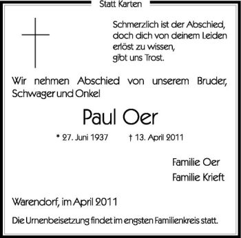 Anzeige von Paul Oer von Westfälische Nachrichten