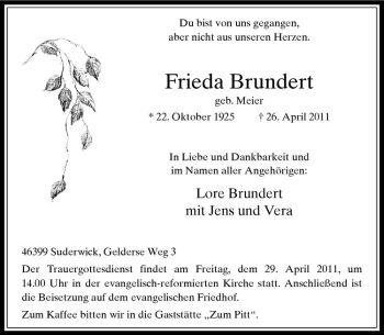 Anzeige von Frieda Brundert von Westfälische Nachrichten