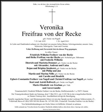 Anzeige von Veronika Freifrau von der Recke von Westfälische Nachrichten