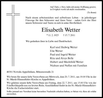 Anzeige von Elisabeth Wetter von Westfälische Nachrichten