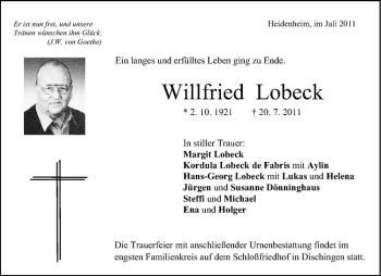 Anzeige von Willfried Lobeck von Westfälische Nachrichten