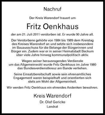 Anzeige von Fritz Oenkhaus von Westfälische Nachrichten