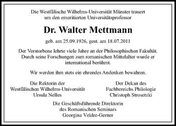 Anzeige von Walter Mettmann von Westfälische Nachrichten