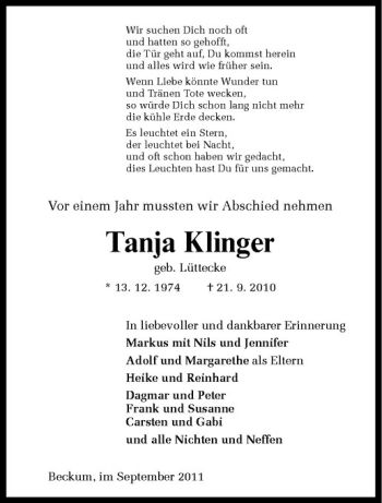 Anzeige von Tanja Klinger von Westfälische Nachrichten