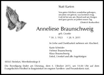 Anzeige von Anneliese Braunschweig von Westfälische Nachrichten