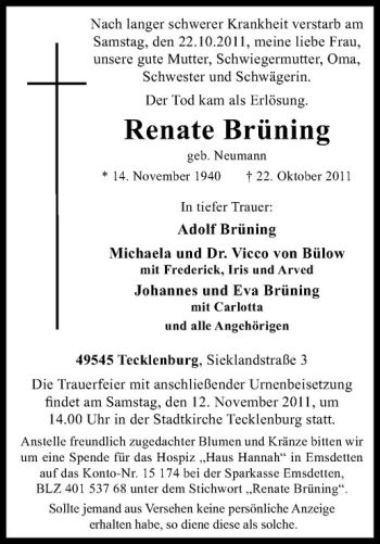 Anzeige von Renate Brüning von Westfälische Nachrichten