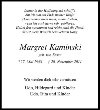 Anzeige von Margret Kaminski von Westfälische Nachrichten