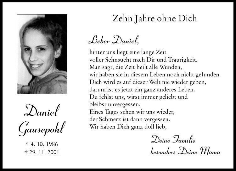  Traueranzeige für Daniel Gausepohl vom 29.11.2011 aus Westfälische Nachrichten